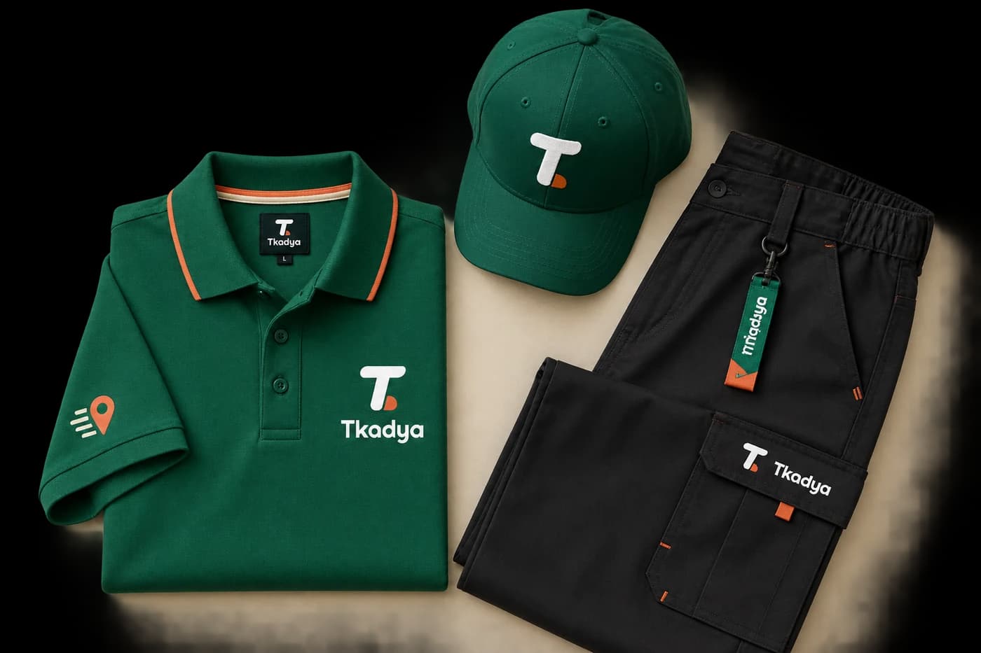 La tenue Tkadya : polo vert, casquette et pantalon de travail